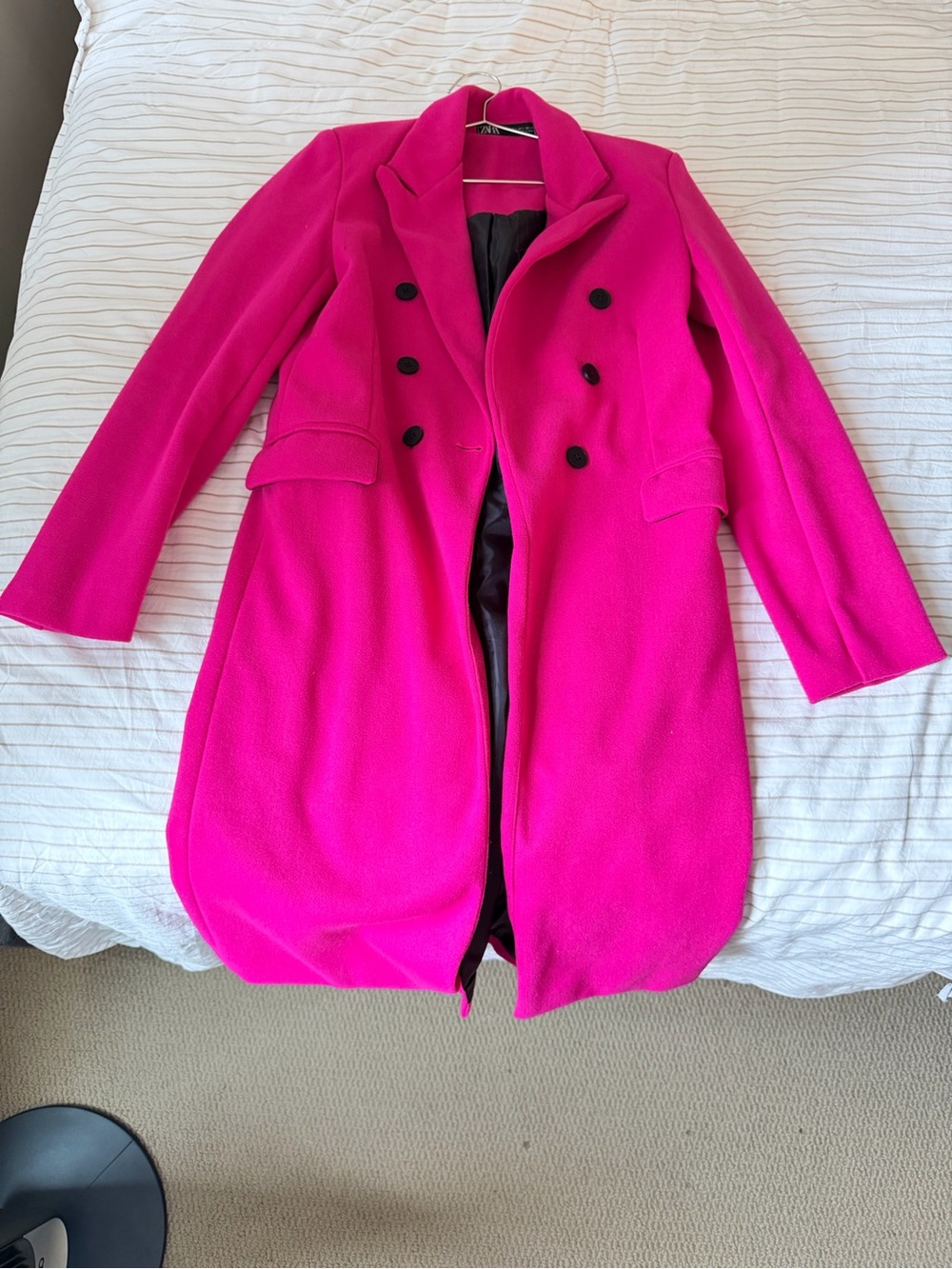 Zara S Women's Double-Breasted Hot Pink Wool Coat